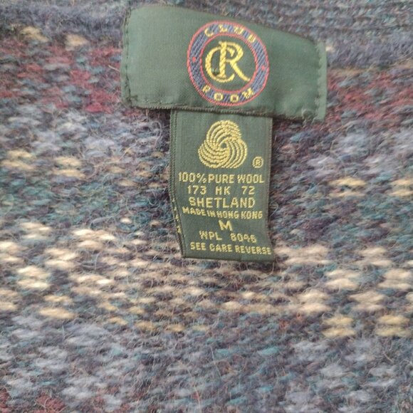 Vintage 90s Fair Isle Mens Shetland Wool Sweater M Blue Grandpa Cardigan - Picture 2 of 10